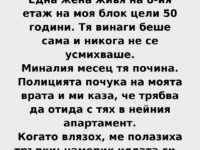 Една жена живя на 8-ия етаж на моя блок цели 50 години. Тя винаги беше сама и никога не се усмихваше Една жена живя на 8-ия етаж на моя блок цели 50 години. Тя винаги беше сама и никога не се усмихваше